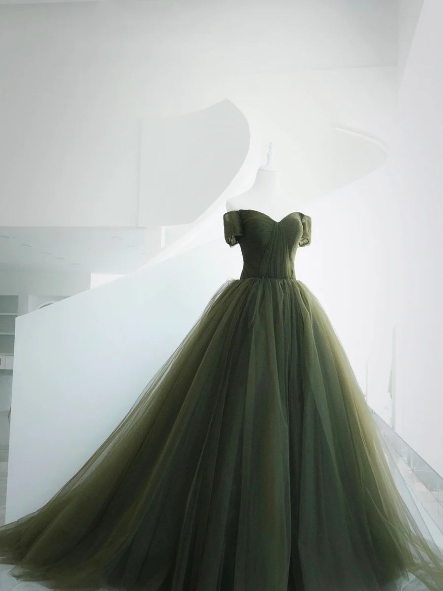 Green Tulle Long Prom Dress, A-Line Off Shoulder Evening Dress TP367