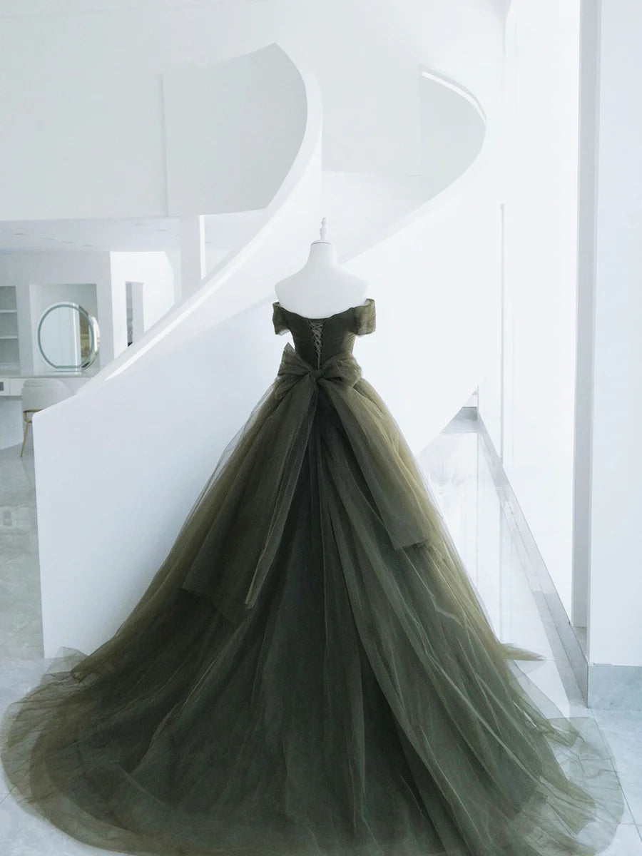Green Tulle Long Prom Dress, A-Line Off Shoulder Evening Dress TP367