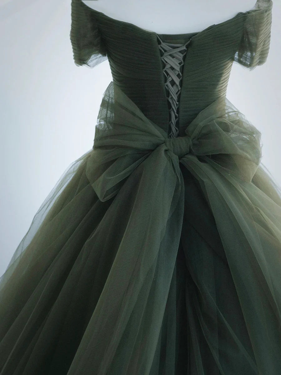 Green Tulle Long Prom Dress, A-Line Off Shoulder Evening Dress TP367