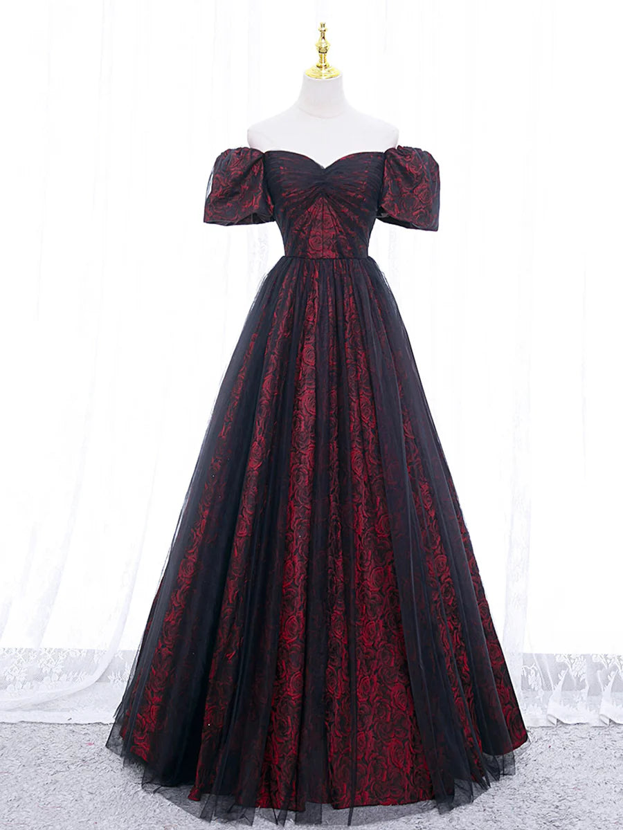 Black Tulle A-Line Prom Dress with Rose Print, Black Off Shoulder Evening Party Dress  TP368