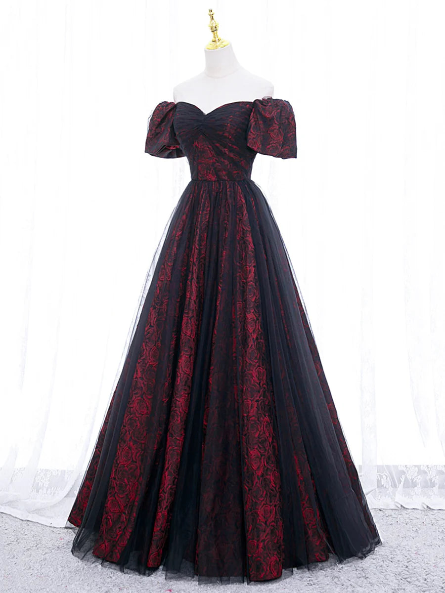 Black Tulle A-Line Prom Dress with Rose Print, Black Off Shoulder Evening Party Dress  TP368