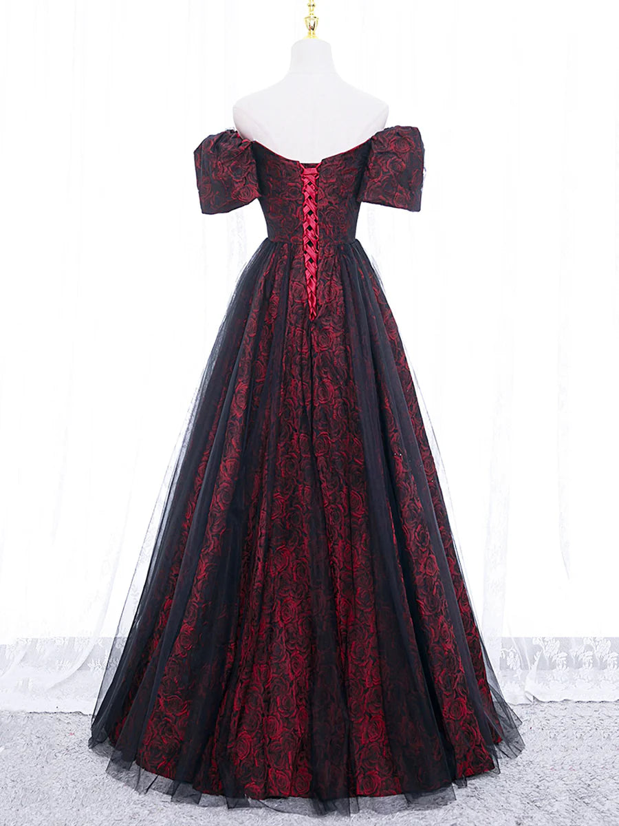 Black Tulle A-Line Prom Dress with Rose Print, Black Off Shoulder Evening Party Dress  TP368