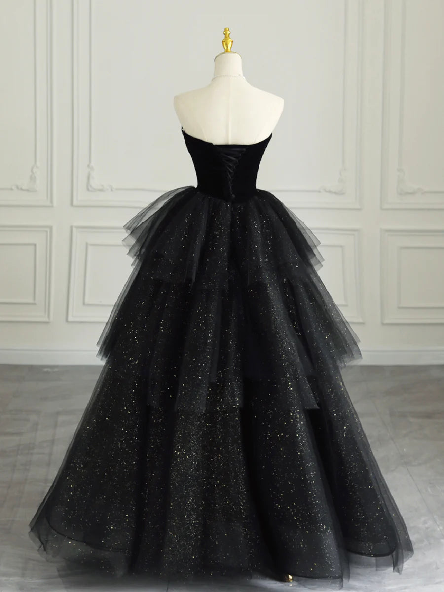 Black Strapless Tulle Formal Dress with Velvet, A-Line Sweetheart Neck Long Prom Dress TP369