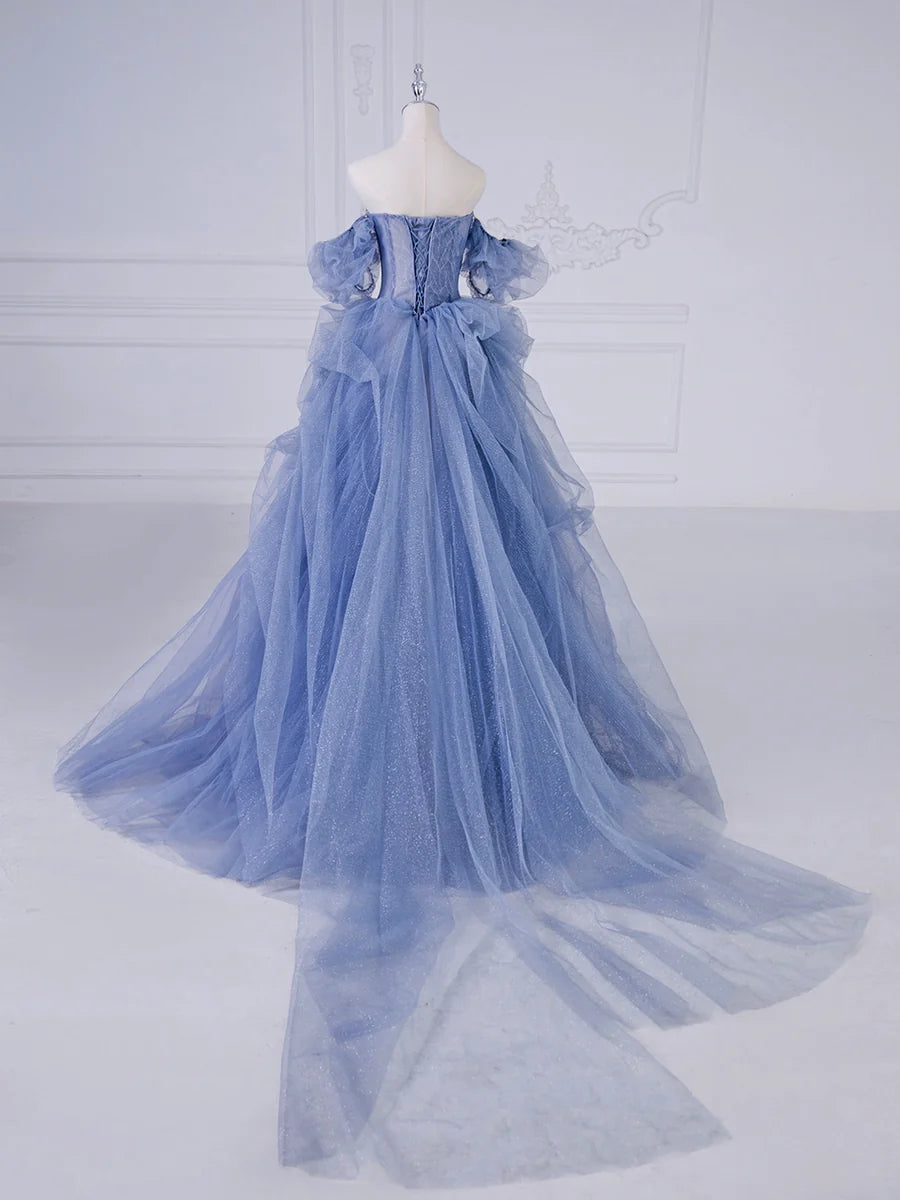 Blue Tulle Beaded Long Prom Dress, Blue A-Line Evening Party Dress  TP371