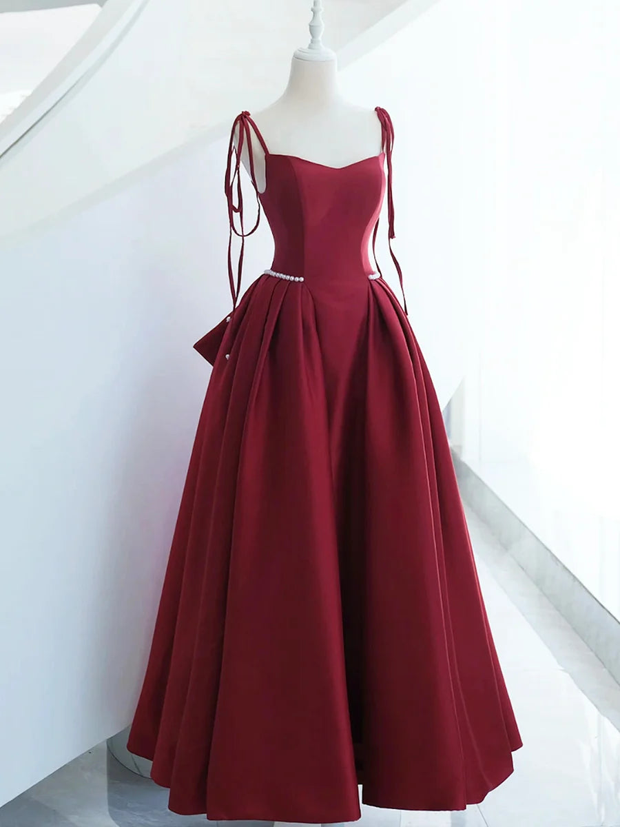 Burgundy Satin Long Prom Dress, A-Line Evening Dress with Bow  TP373