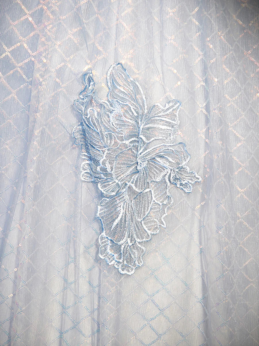 Blue Tulle Lace Long Prom Dress, Shiny A-Line Short Sleeve Evening Dress  TP375