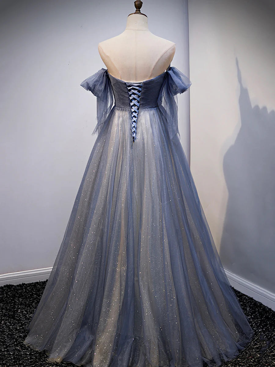 Blue Sweetheart Tulle with Lace Party Dress, Blue Long Formal Dress TP376