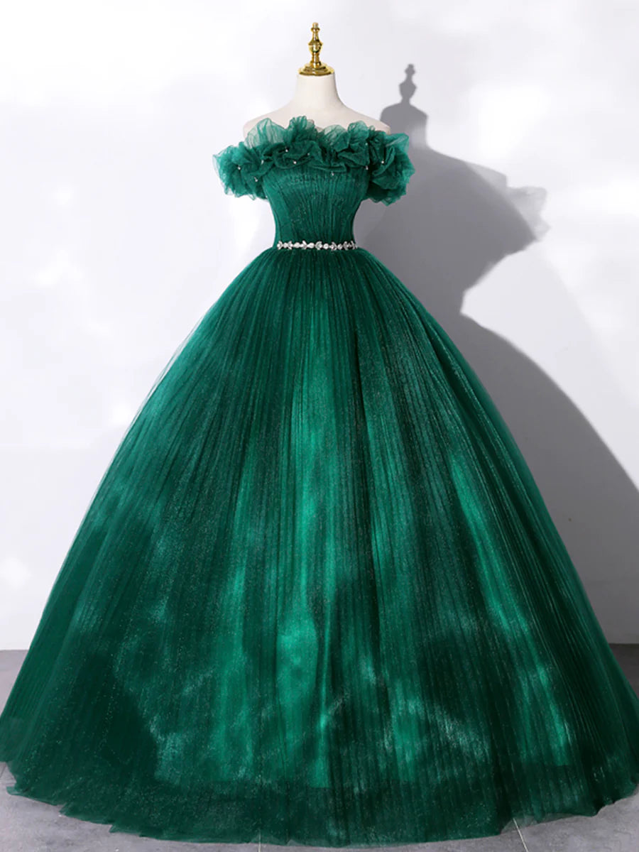 Green Off Shoulder Tulle Formal Dress, A-Line Long Prom Dress TP377