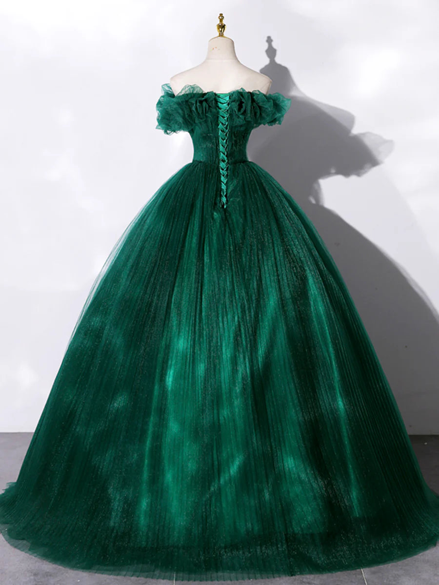 Green Off Shoulder Tulle Formal Dress, A-Line Long Prom Dress TP377