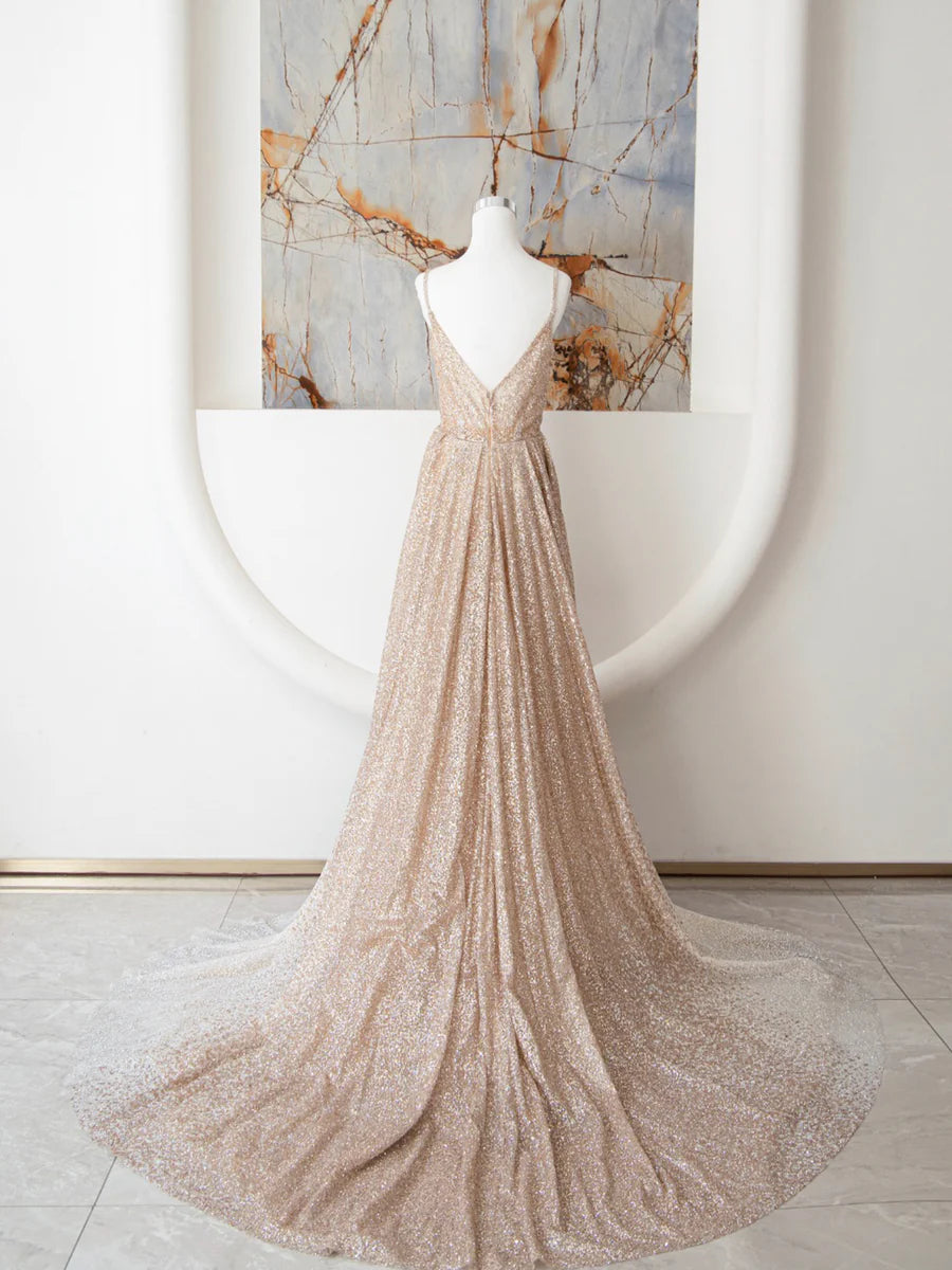 Champagne Spaghetti Strap Sequins Long Prom Dress, Shiny V-Neck Evening Dress TP378