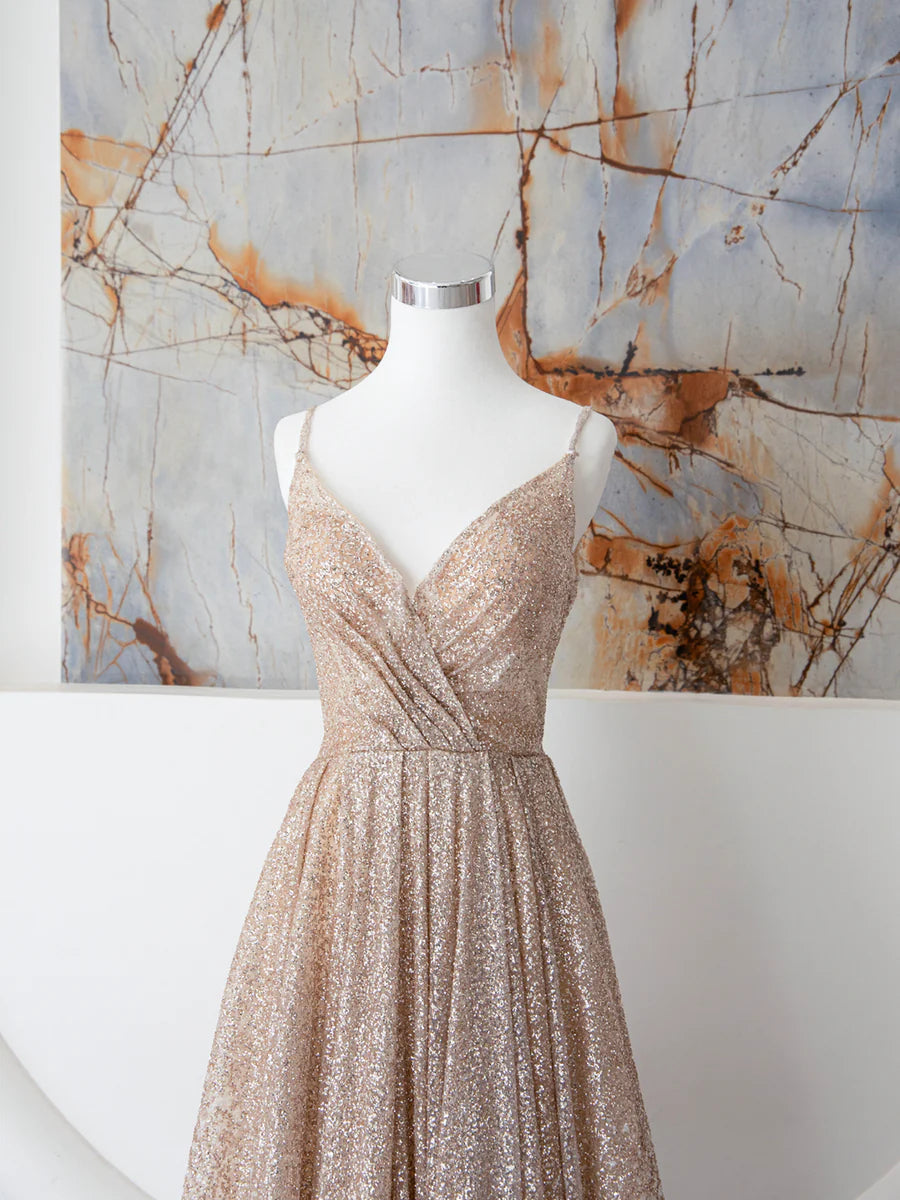 Champagne Spaghetti Strap Sequins Long Prom Dress, Shiny V-Neck Evening Dress TP378