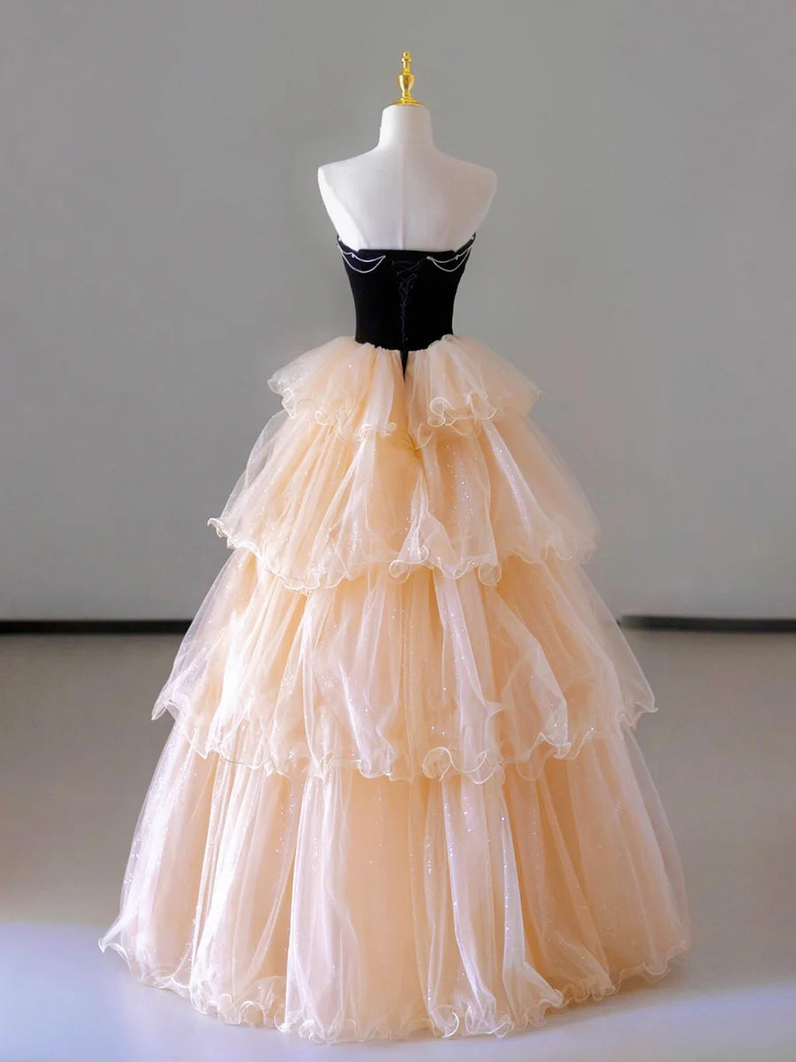 Champagne Strapless Tulle Long Prom Dress, Beautiful Formal Evening Dress TP381