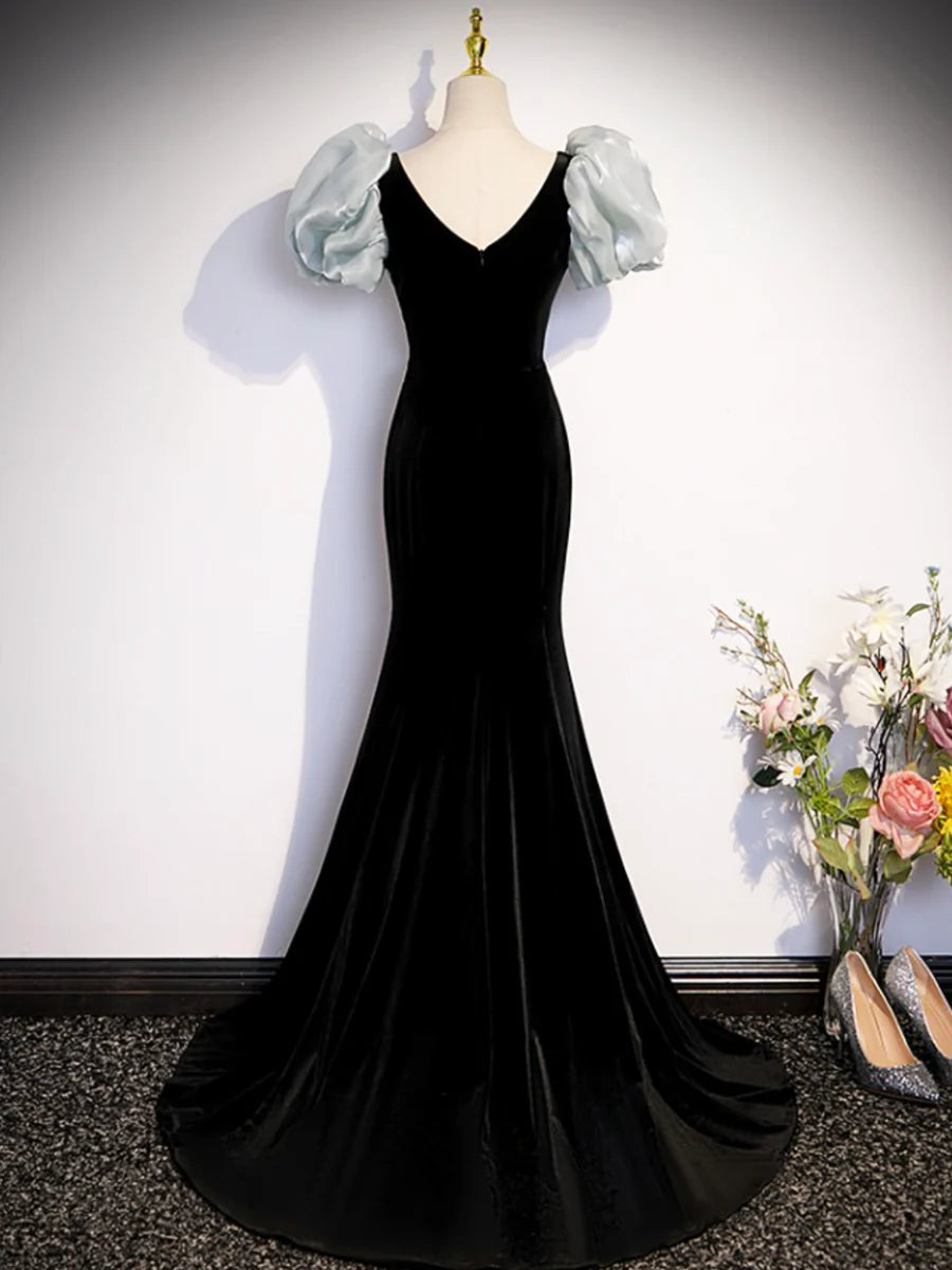 Black Velvet Long Prom Dress, Mermaid Evening Party Dress with Bow TP382