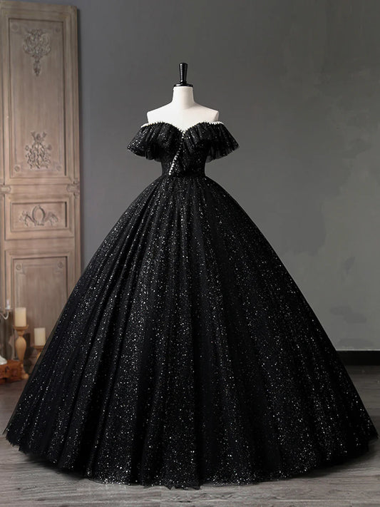 Black Tulle Long A-Line Prom Dress, Shiny Off Shoulder Evening Dress  TP385
