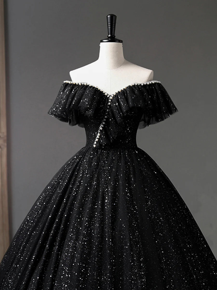 Black Tulle Long A-Line Prom Dress, Shiny Off Shoulder Evening Dress  TP385