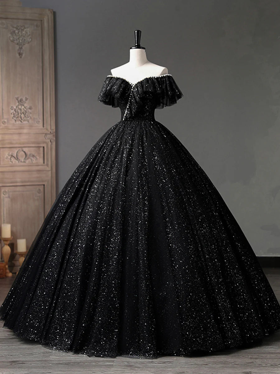 Black Tulle Long A-Line Prom Dress, Shiny Off Shoulder Evening Dress  TP385