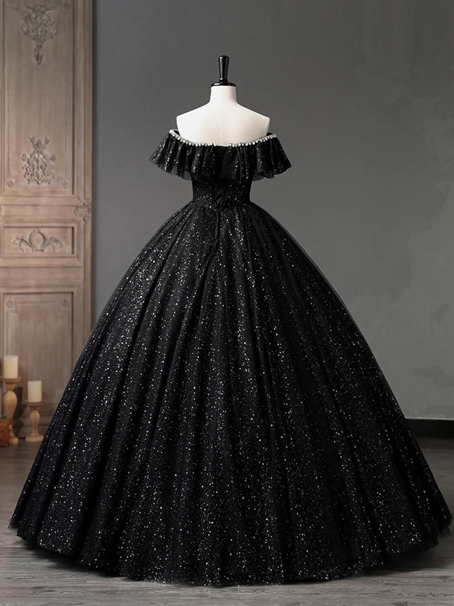 Black Tulle Long A-Line Prom Dress, Shiny Off Shoulder Evening Dress  TP385