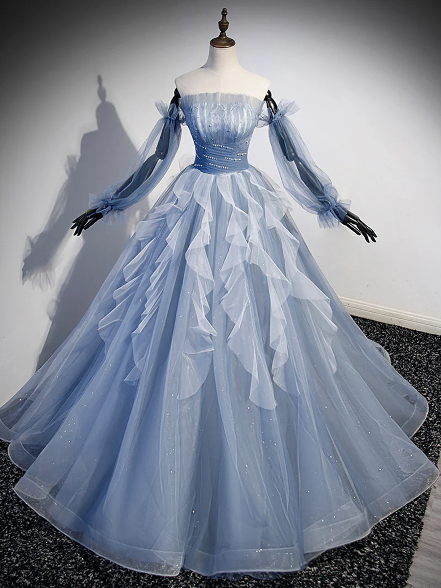 Blue Strapless Tulle Long Prom Dress, Chic A-Line Formal Dress with Long Sleeves  TP388