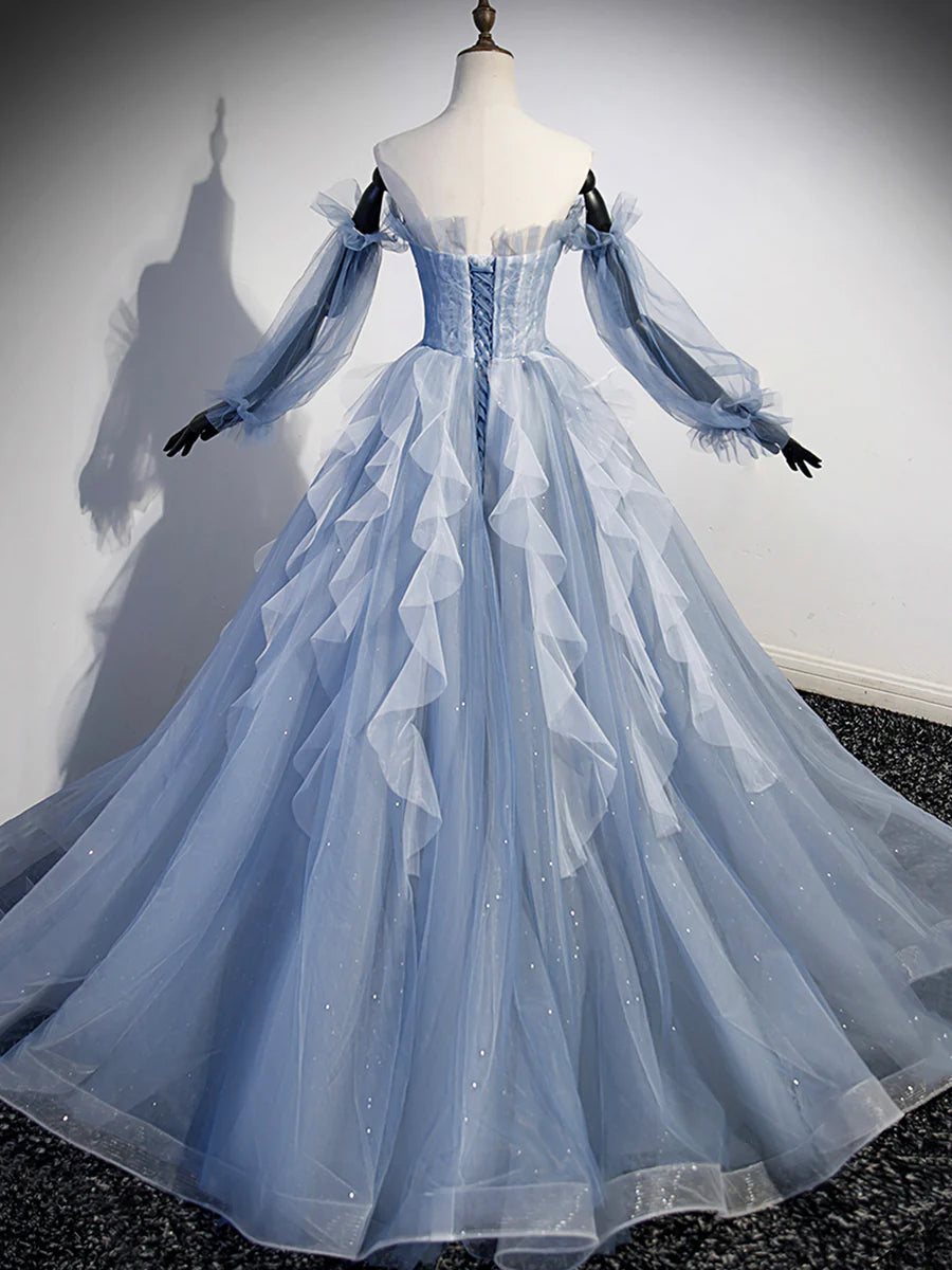Blue Strapless Tulle Long Prom Dress, Chic A-Line Formal Dress with Long Sleeves  TP388