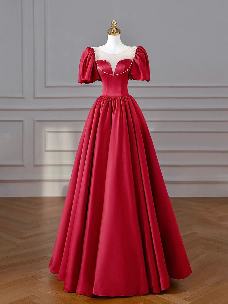 Burgundy Satin Long Prom Dresses, Lovely A-Line Formal Dresses TP390