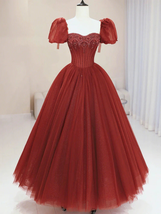 Burgundy Tulle Beaded Long Prom Dress, A-Line Short Sleeve Formal Dress TP391
