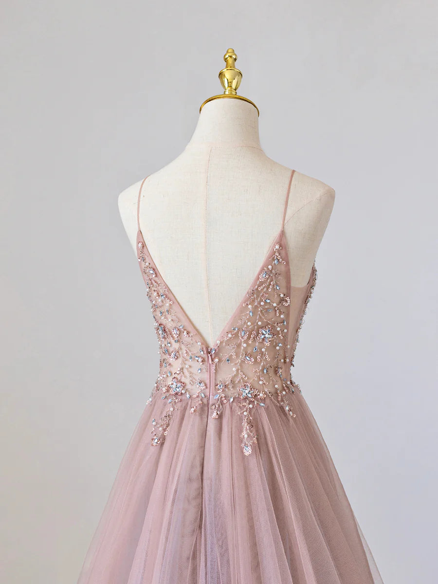 Pink V-Neck Tulle Long Prom Dress with Beaded, Pink Spaghetti Strap Evening Dress TP392