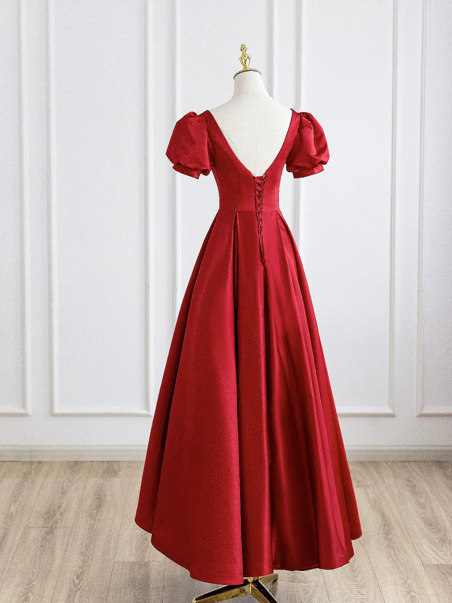 Red Satin Long Prom Dress, Simple A-Line Short Sleeve Evening Party Dress TP394