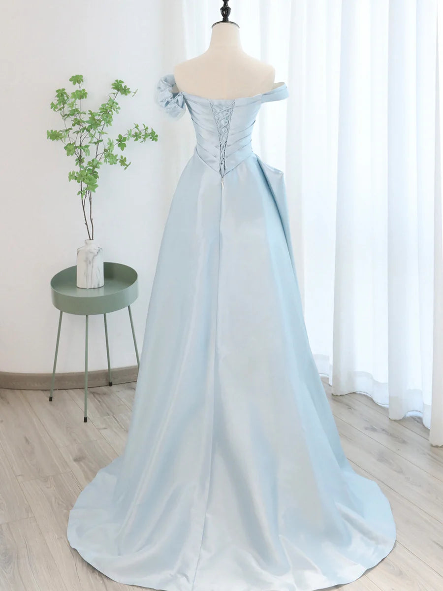 Blue Satin Tulle Long Prom Dress, Off Shoulder Formal Evening Dress TP395