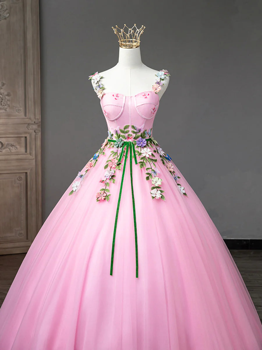 Pink Tulle Flower Long Prom Dresses, Lovely Spaghetti Formal Dresses Sweet 16 Dresses TP398