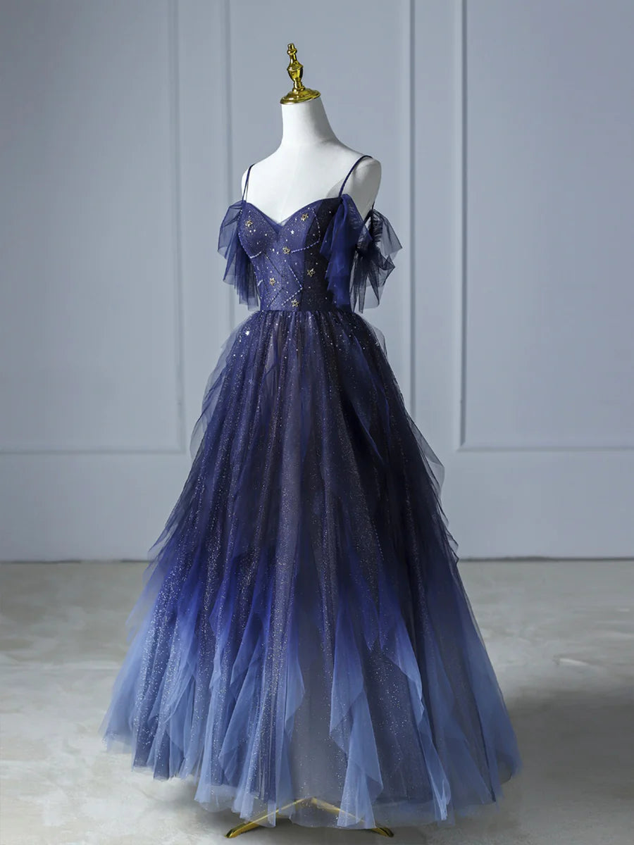 Blue Gradient Tulle Long Prom Dress, Beautiful Spaghetti Strap Evening Party Dress TP399