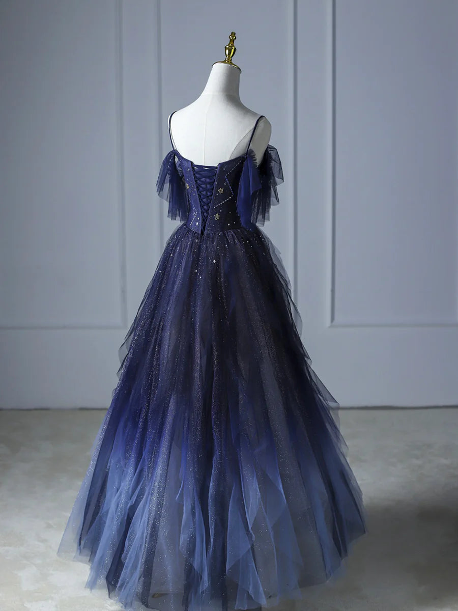 Blue Gradient Tulle Long Prom Dress, Beautiful Spaghetti Strap Evening Party Dress TP399