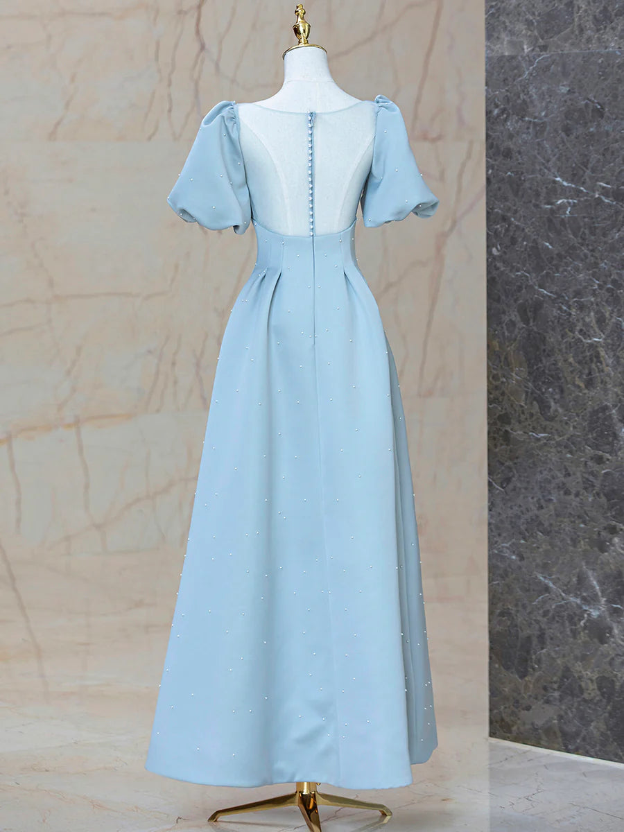 Blue Satin Pearl Long Prom Dress, A-Line Blue Evening Party Dress TP406