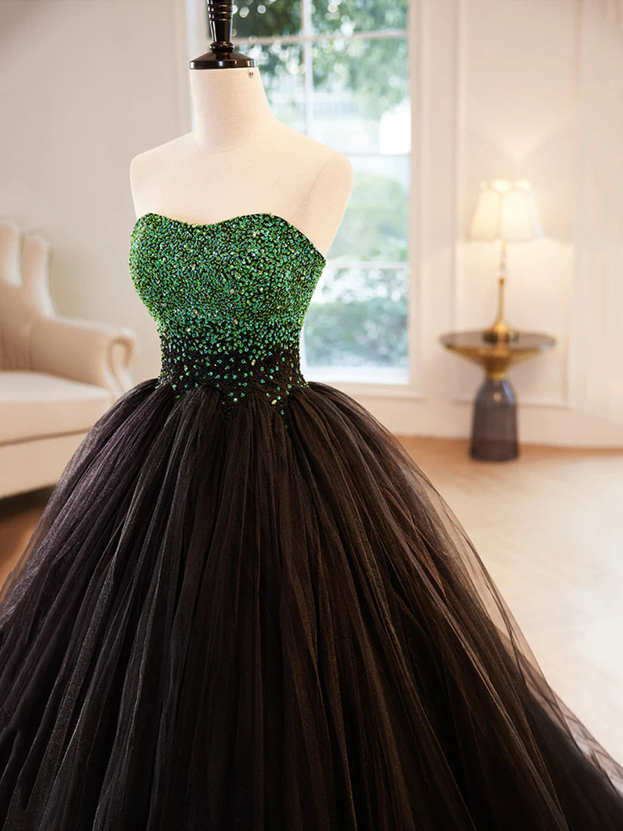 Black Strapless Tulle Long Prom Dress with Green Beaded, A-Line Formal Dress TP407