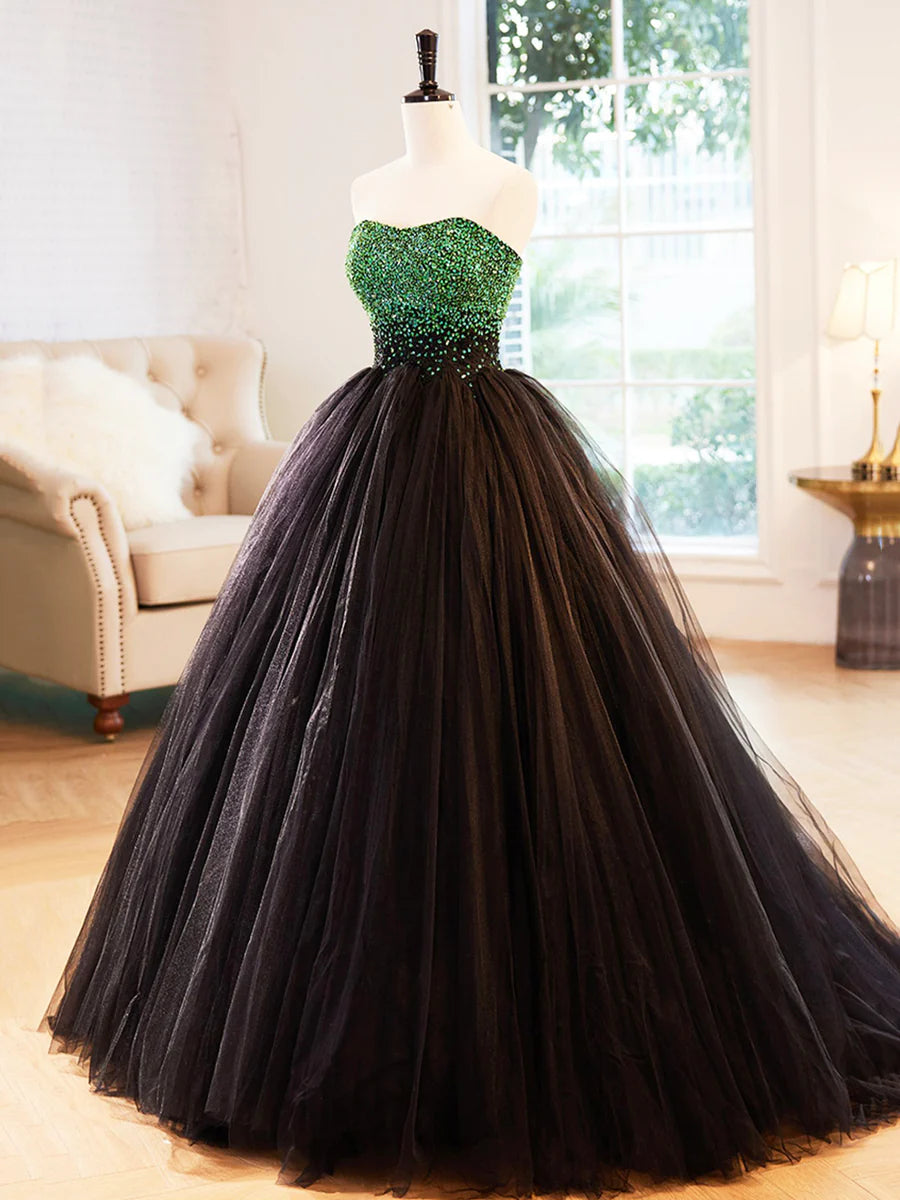 Black Strapless Tulle Long Prom Dress with Green Beaded, A-Line Formal Dress TP407
