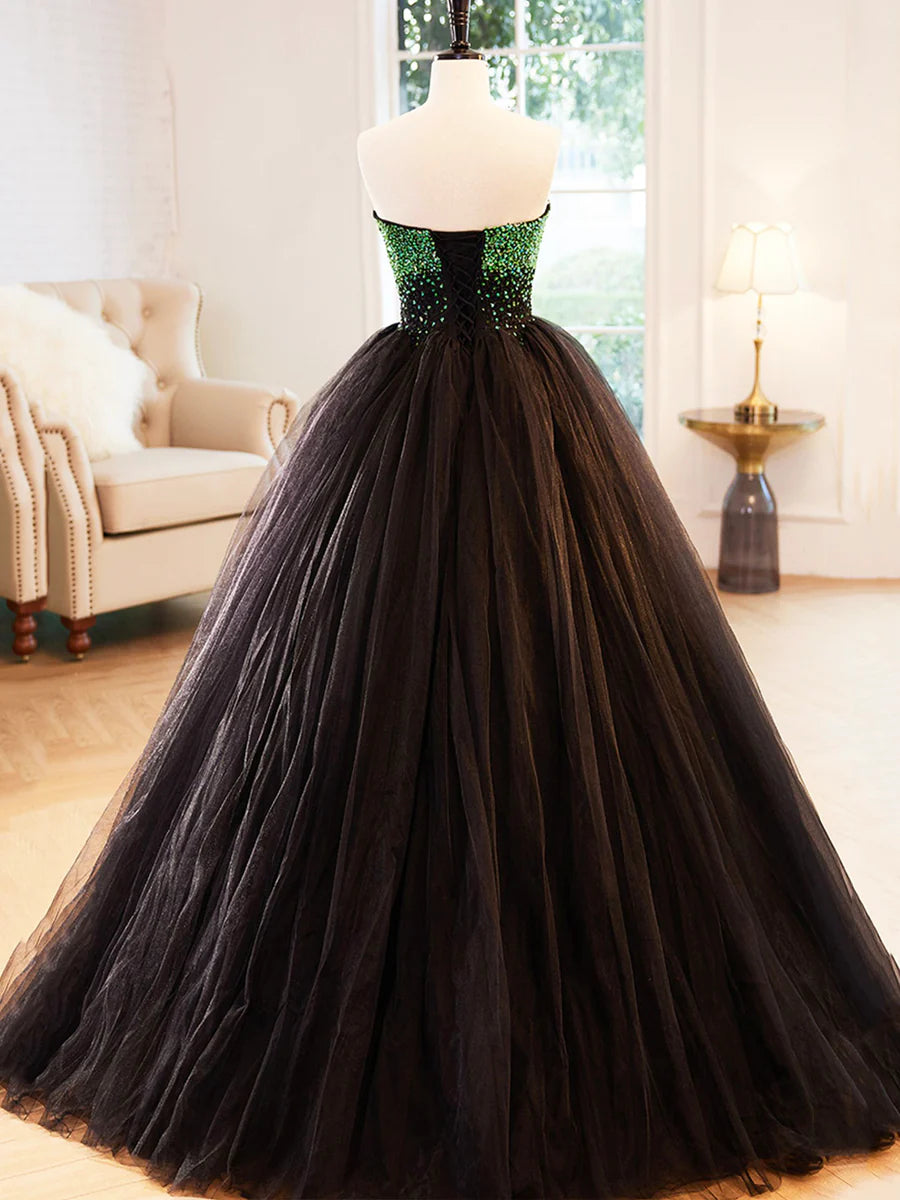 Black Strapless Tulle Long Prom Dress with Green Beaded, A-Line Formal Dress TP407