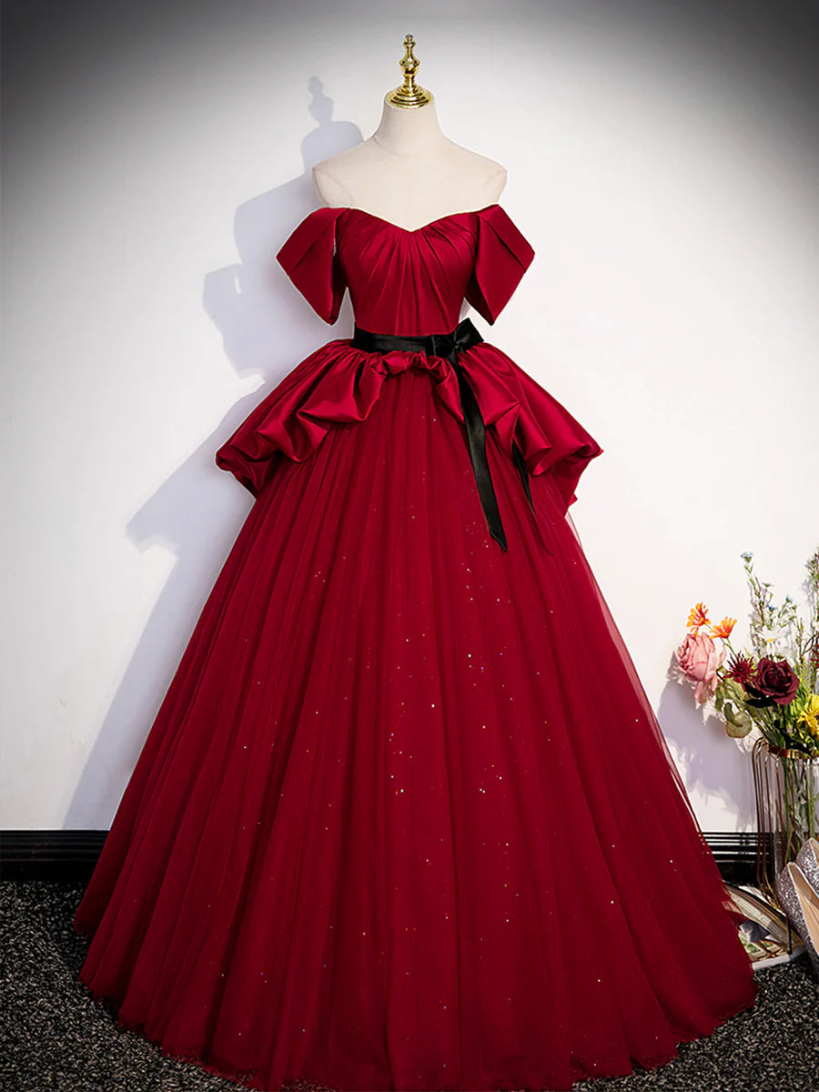 Burgundy Sweetheart Neck Formal Dress, A-Line Tulle Floor Length Prom Dress TP409