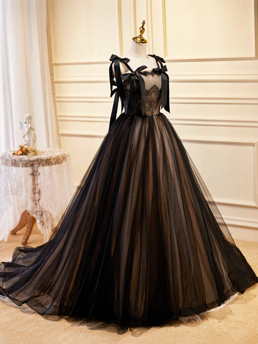 Black Tulle Lace Long Prom Dress, Black Evening Party Dress TP412