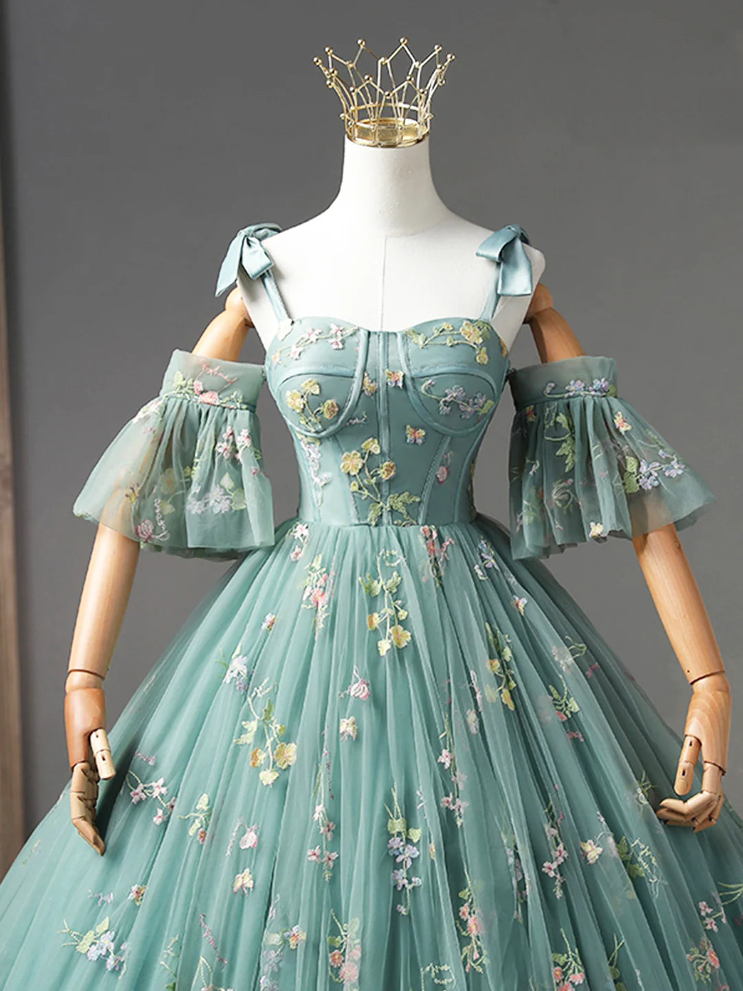 Green Floral Tulle Long Prom Dress, Cute Off Shoulder Evening Party Dress TP414