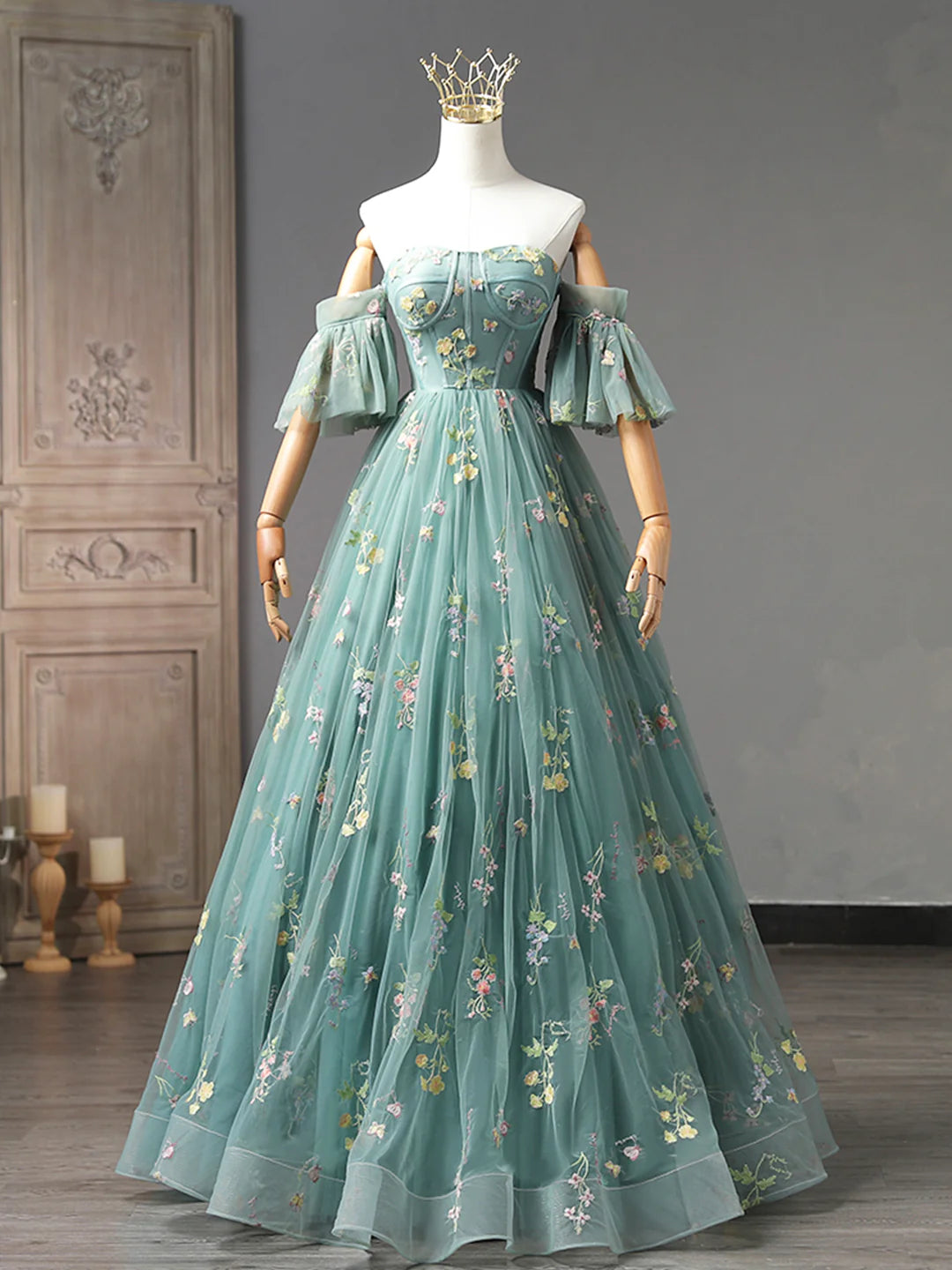 Green Floral Tulle Long Prom Dress, Cute Off Shoulder Evening Party Dress TP414