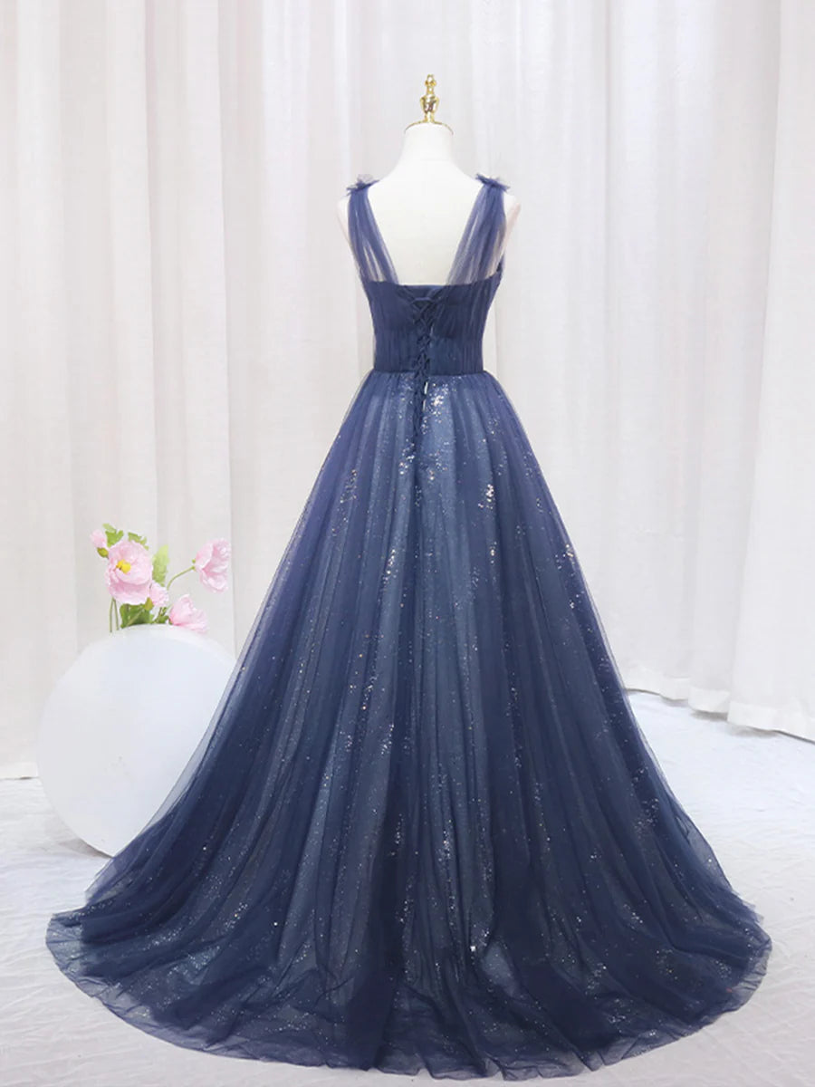 Blue Tulle Beaded Long Prom Dress, Blue Evening Party Dress TP415