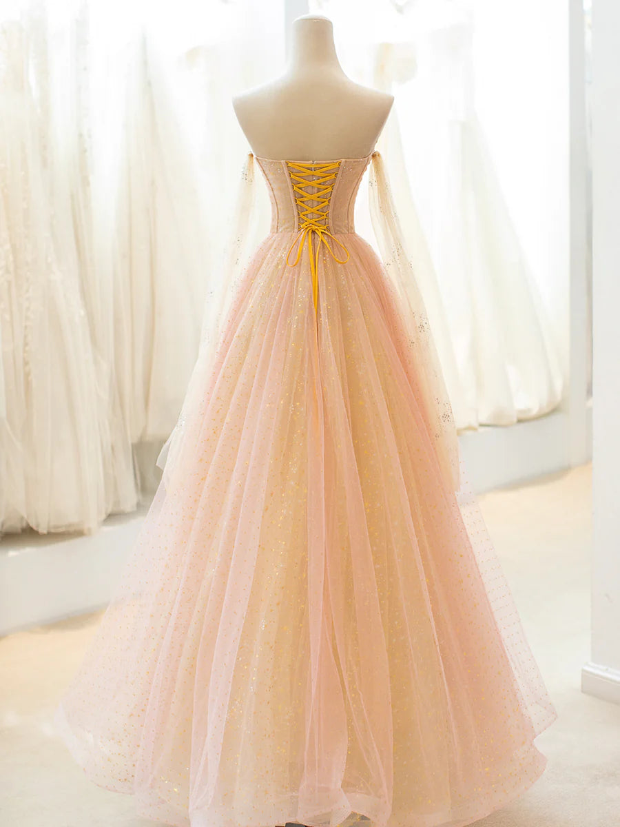 Cute Tulle Long Prom Dress, A-Line Strapless Evening Dress TP419