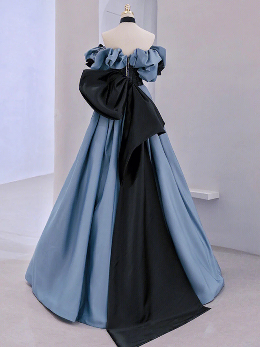 Blue Satin Lace Long Prom Dress, Off Shoulder Evening Dress TP420