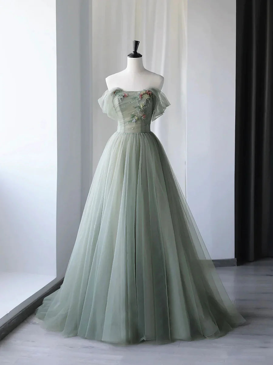 Beautiful Green Tulle Long Prom Dress, Off Shoulder Evening Dress TP422