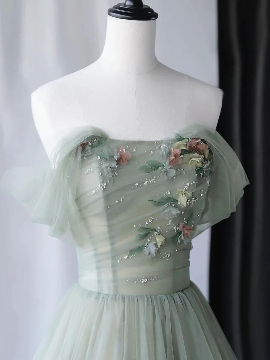 Beautiful Green Tulle Long Prom Dress, Off Shoulder Evening Dress TP422
