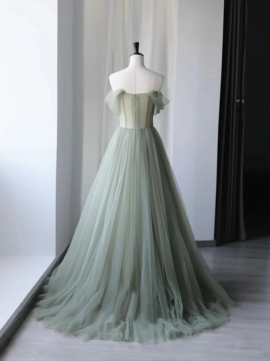 Beautiful Green Tulle Long Prom Dress, Off Shoulder Evening Dress TP422