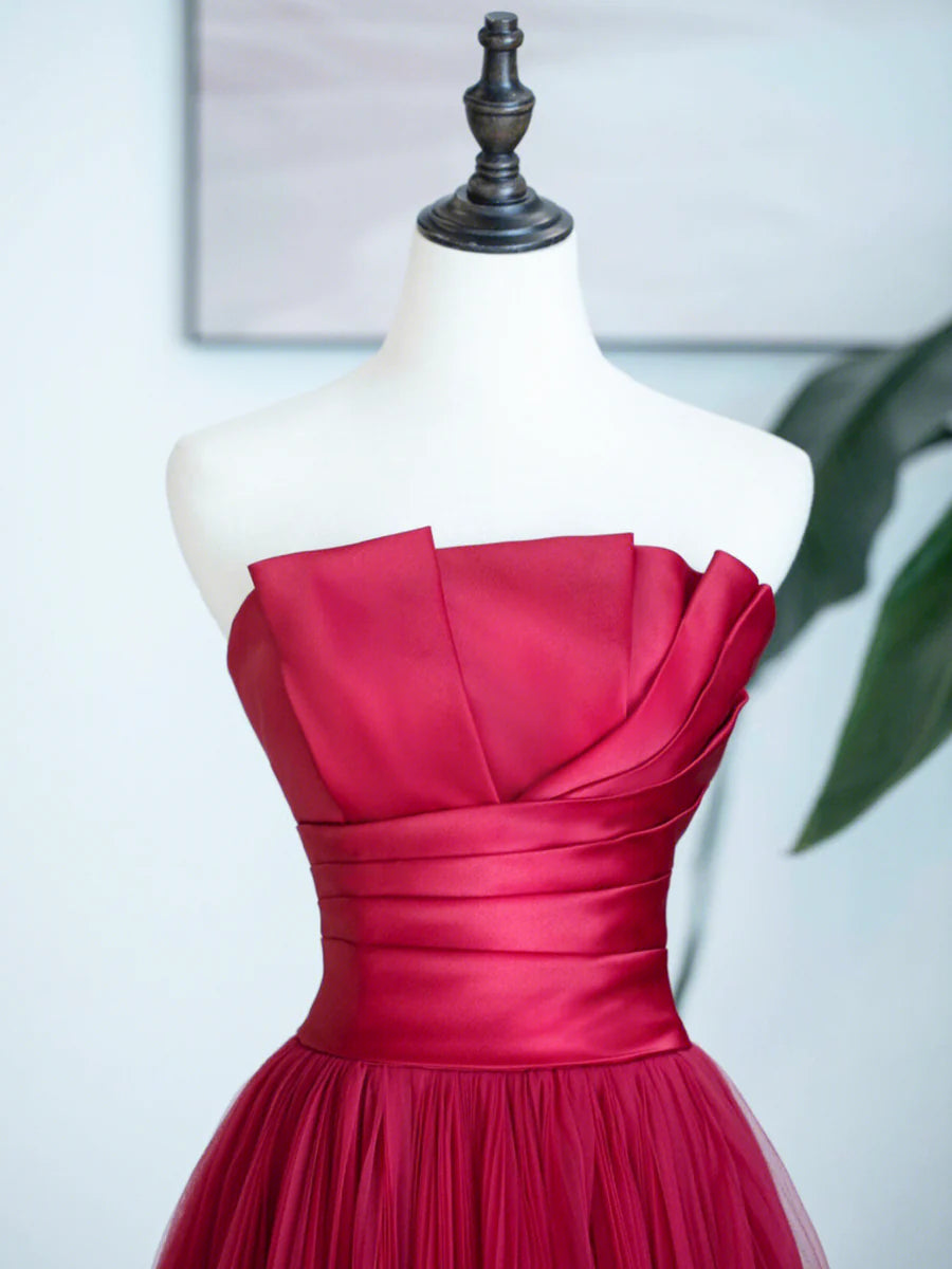 Burgundy Strapless Tulle Prom Dress, Burgundy Long Formal Dress TP424