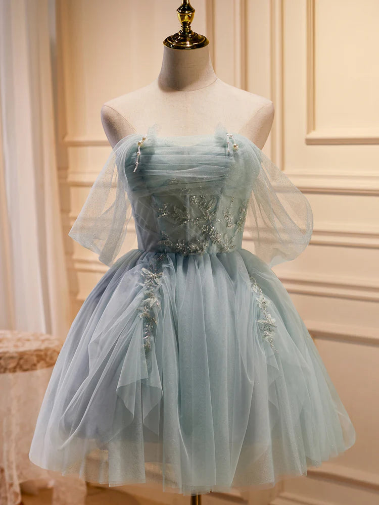 Green Tulle Beaded Short Prom Dress, Cute Off Shoulder Homecoming Dress TP431