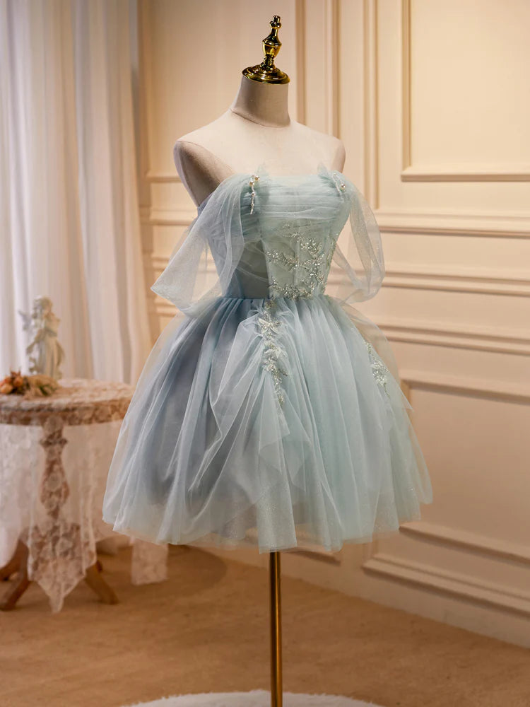 Green Tulle Beaded Short Prom Dress, Cute Off Shoulder Homecoming Dress TP431