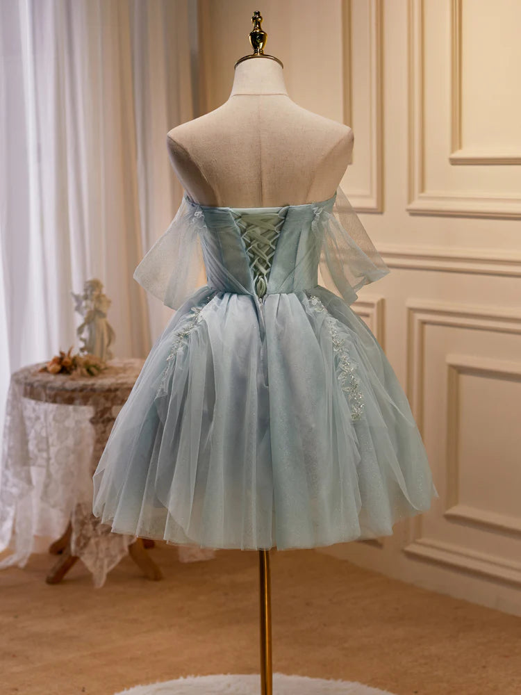 Green Tulle Beaded Short Prom Dress, Cute Off Shoulder Homecoming Dress TP431