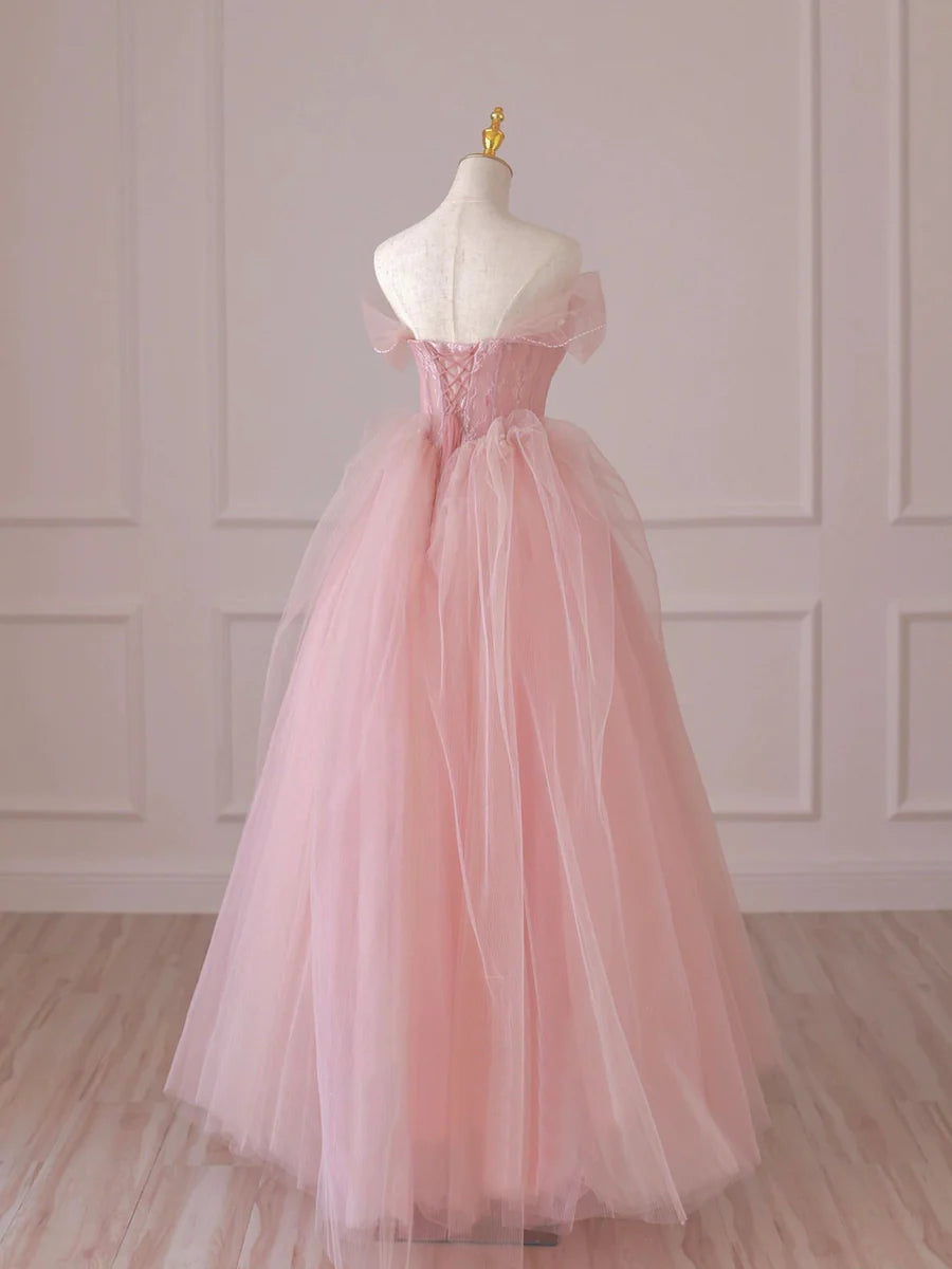 Pink Tulle Lace Long Prom Dress, Off the Shoulder Evening Dress TP432